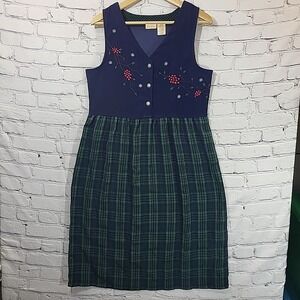 Vintage Jumper Dress Small Sleeveless Plaid Embroidery Blue Green Holiday Maxi